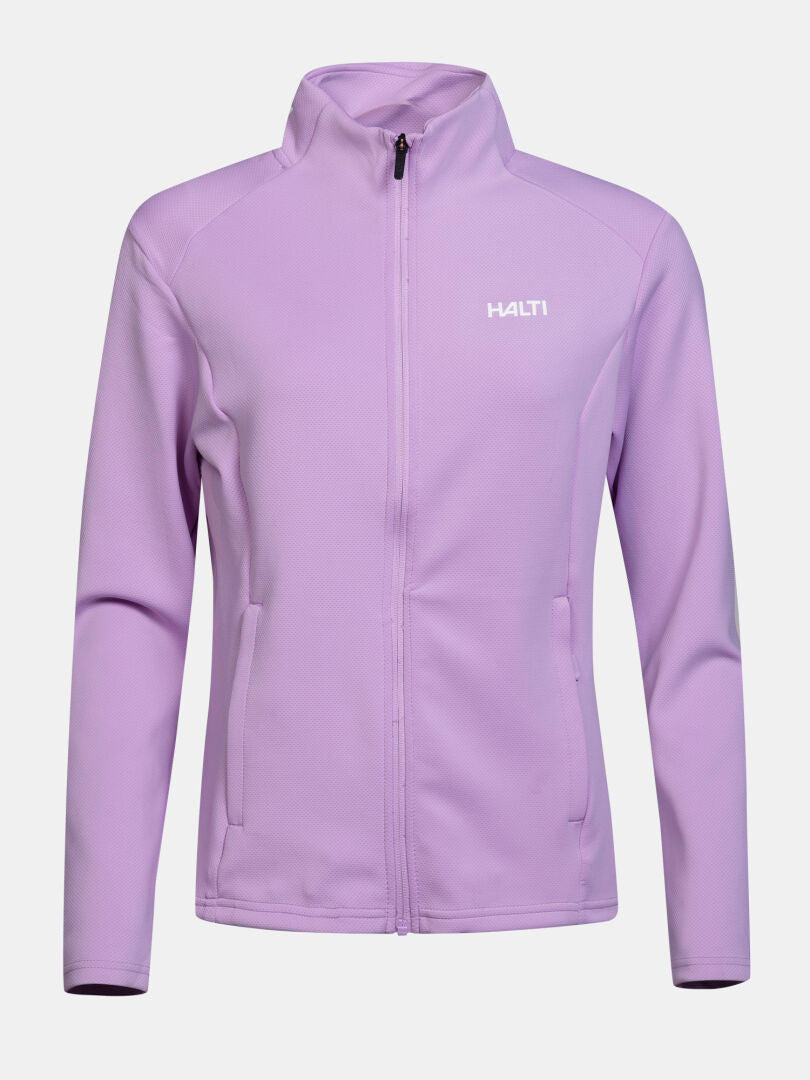 Halti Kivikko Layer Jacket Women’s: light purple zip-up midlayer with stand collar, two pockets, and chest logo.