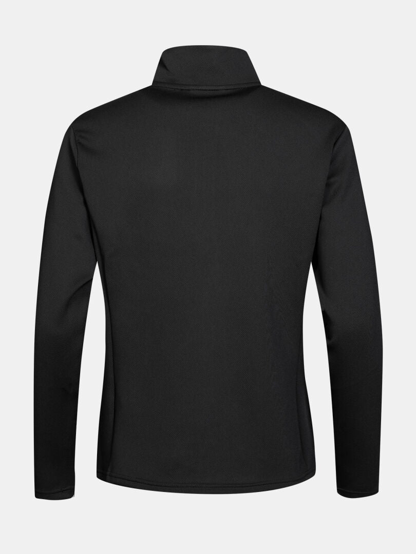 Back view of Halti Kivikko Layer Jacket Women’s, black with stand-up collar. Ideal for active training. White background.