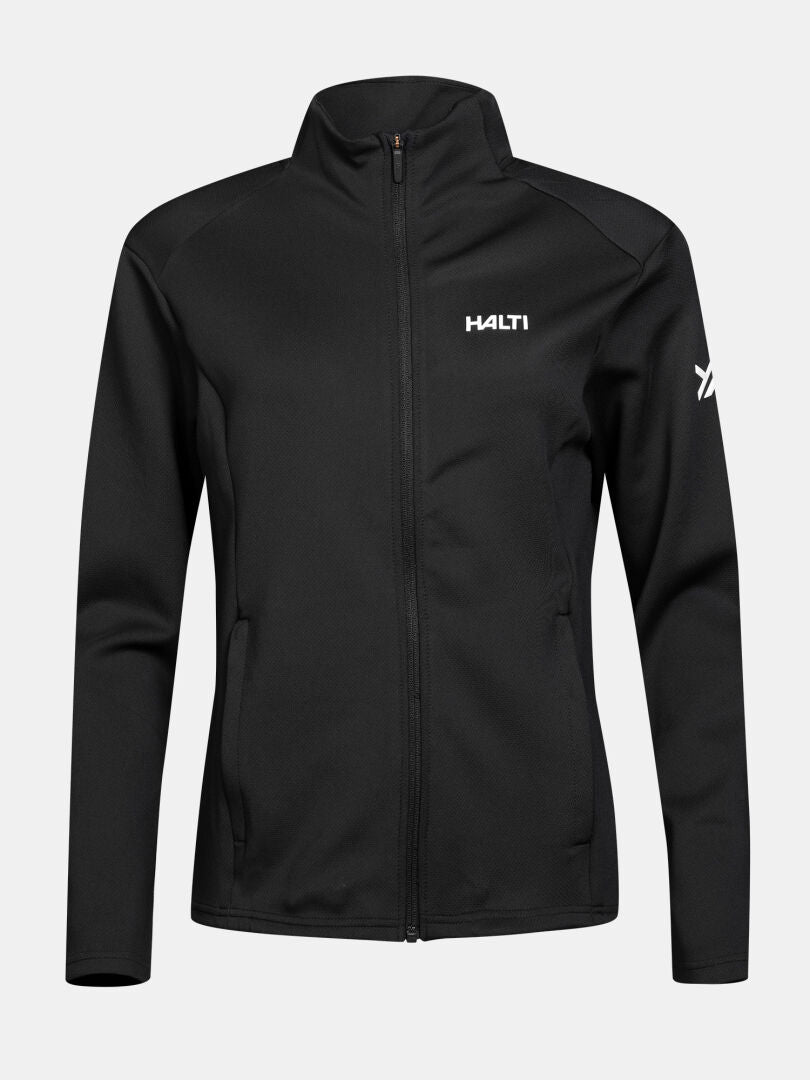 Halti Kivikko Layer Jacket Women’s: black zip-up, high collar, moisture wicking, logo & sleeve symbol.