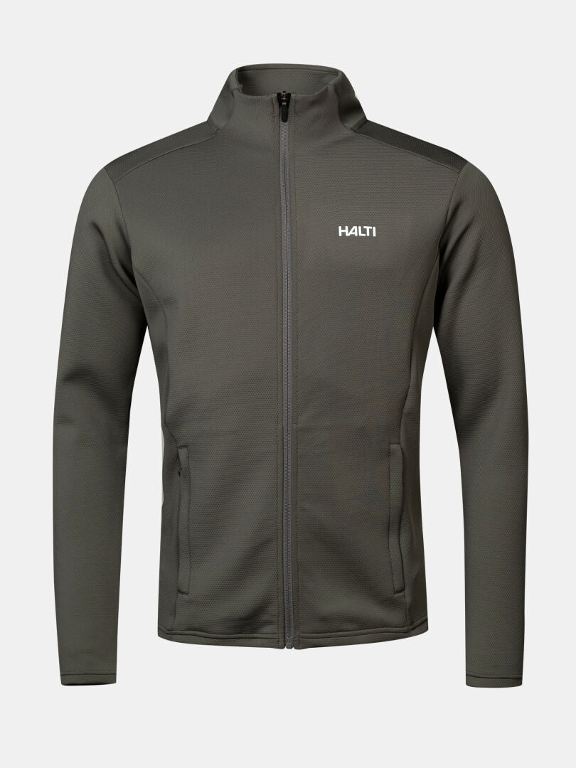 Halti Kivikko Layer Jacket Men’s: dark gray zip-up with front pockets and Active Dry—perfect for outdoor training.