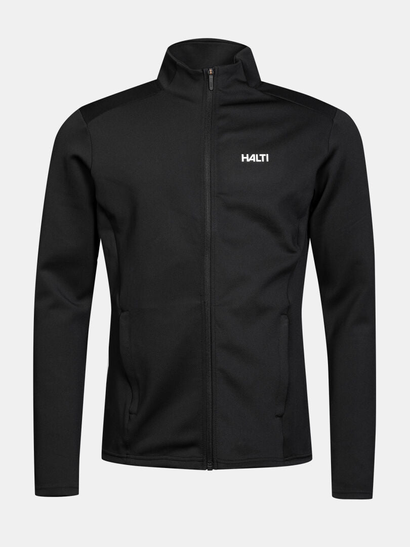 Halti Kivikko Layer Jacket Men’s: black zip-up, long sleeves, Active Dry fabric, logo chest—perfect for outdoor training.