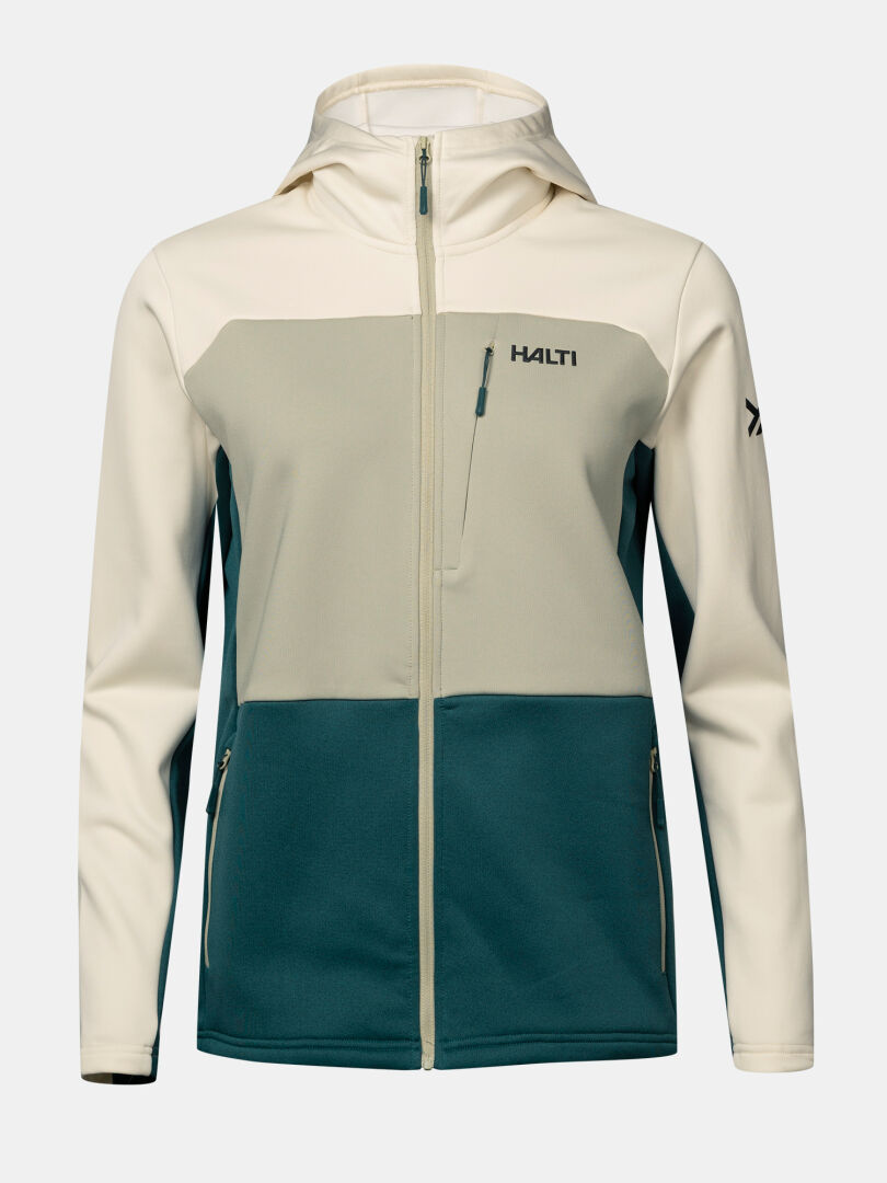Halti Seiland Layer Jacket Women’s in cream, light gray, and dark green, featuring a hooded, full-zip stretch fleece design.