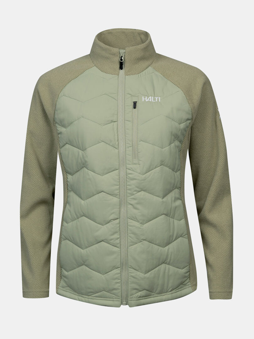 Halti Suomis Hybrid Layer Jacket for women, light green, quilted front, mesh sleeves—perfect for outdoor activities.