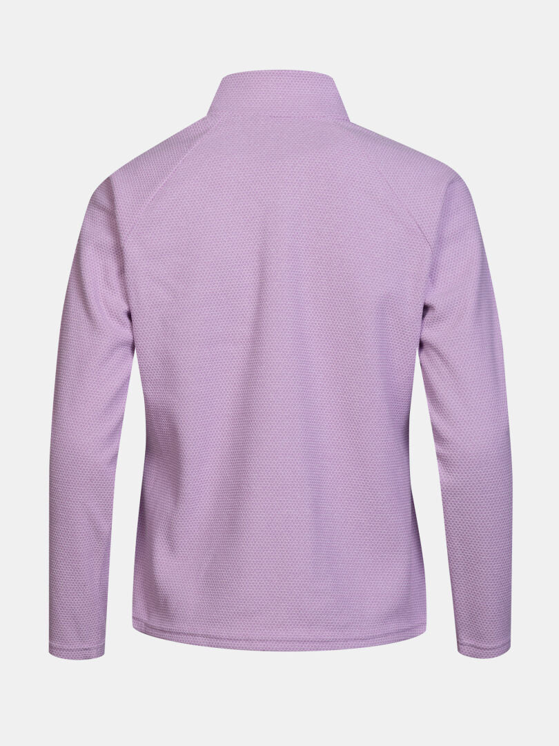 The Halti Suomis Hybrid Layer Jacket Women’s, in light purple, is shown from the back—ideal for cool outdoor adventures.
