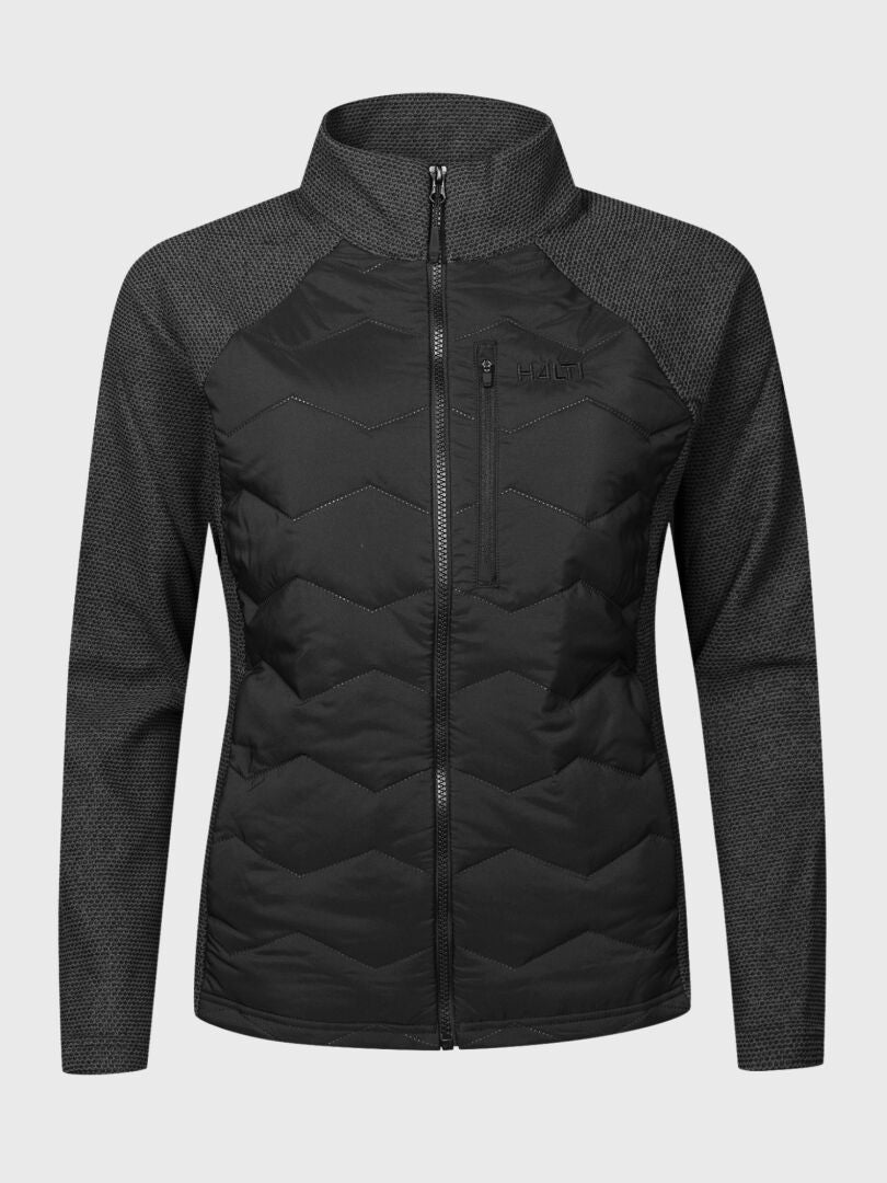 Halti Suomis Hybrid Layer Jacket Women’s: black/gray, lightweight, chevron stitching, chest pocket, textured sleeves.