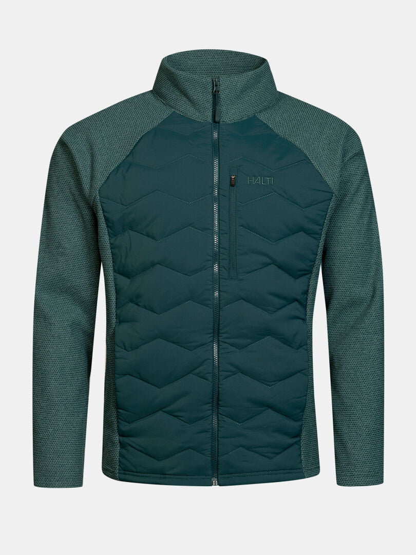 Halti Suomis Hybrid Layer Jacket Men’s: dark green, quilted front, textured sleeves, lightweight for outdoor use.