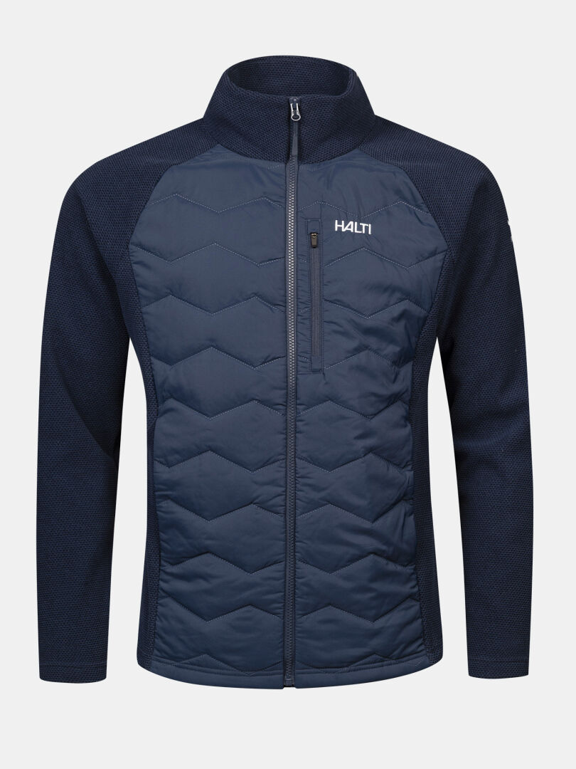 Halti Suomis Hybrid Layer Jacket Men’s: navy blue, quilted front, lightweight, textured sleeves—perfect for outdoor use.