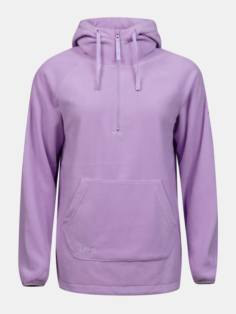 Halti Susanne Fleece Women’s: light purple half-zip hoodie with adjustable hood, front pocket, recycled polyester.