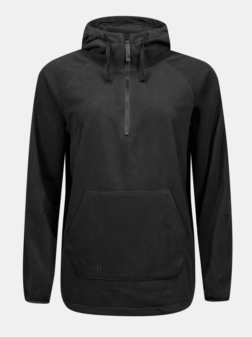Halti Susanne Fleece Women’s pullover: black half-zip, adjustable hood, front pocket—cozy midlayer on white background.