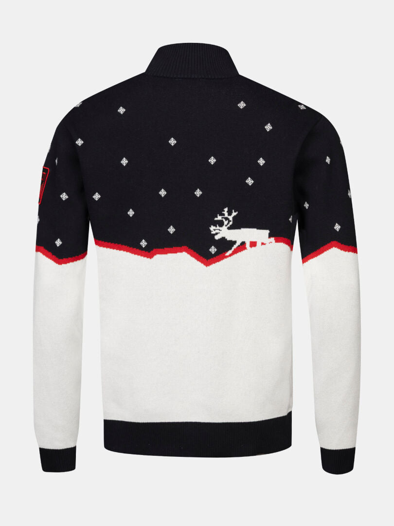 Halti Tauko Unisex Sweater: black top, white bottom, red zigzag trim, diamonds, and reindeer on the back.