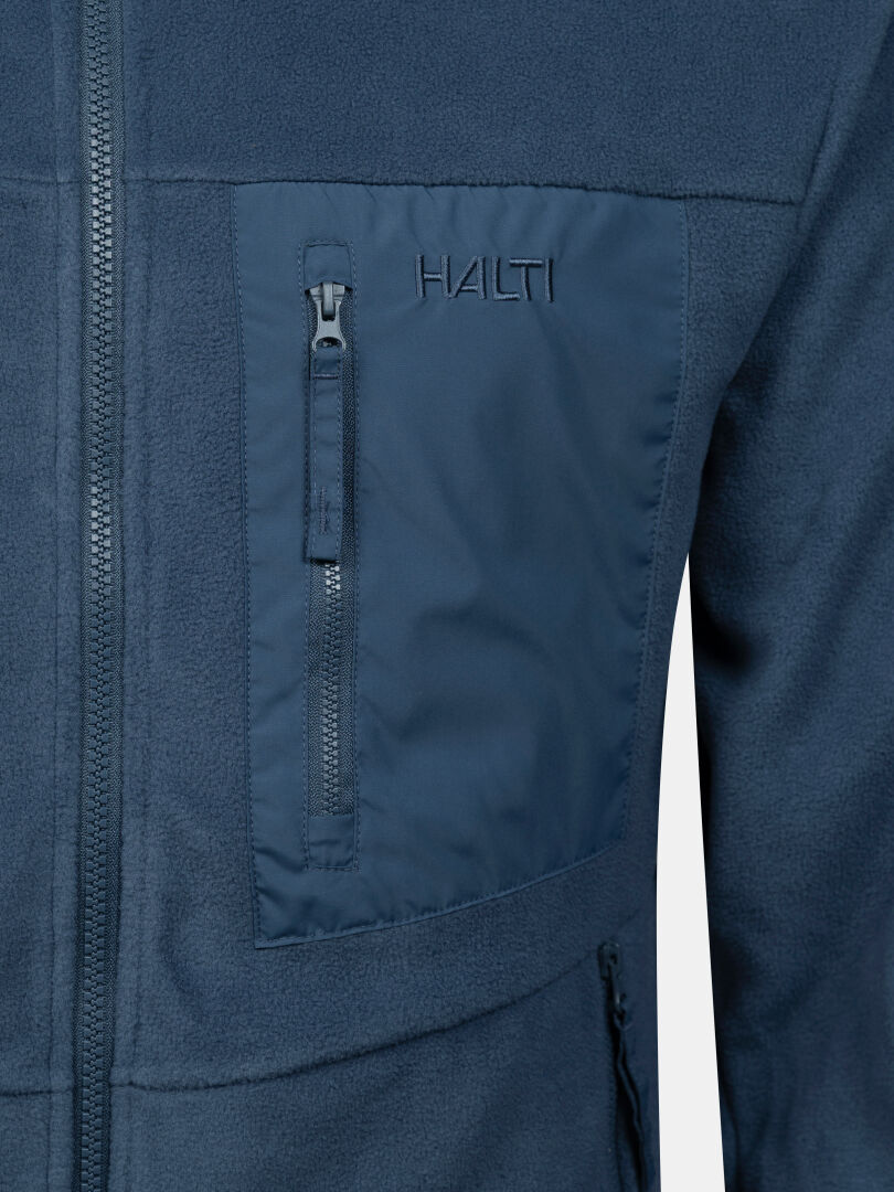 Close-up of Halti Robin Fleece Jacket Men’s, blue with zip chest pocket and logo—ideal for outdoor adventures.