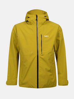 Yellow Halti Staala DrymaxX Shell Jacket for men with hood, front zipper, chest pocket, and two side pockets.