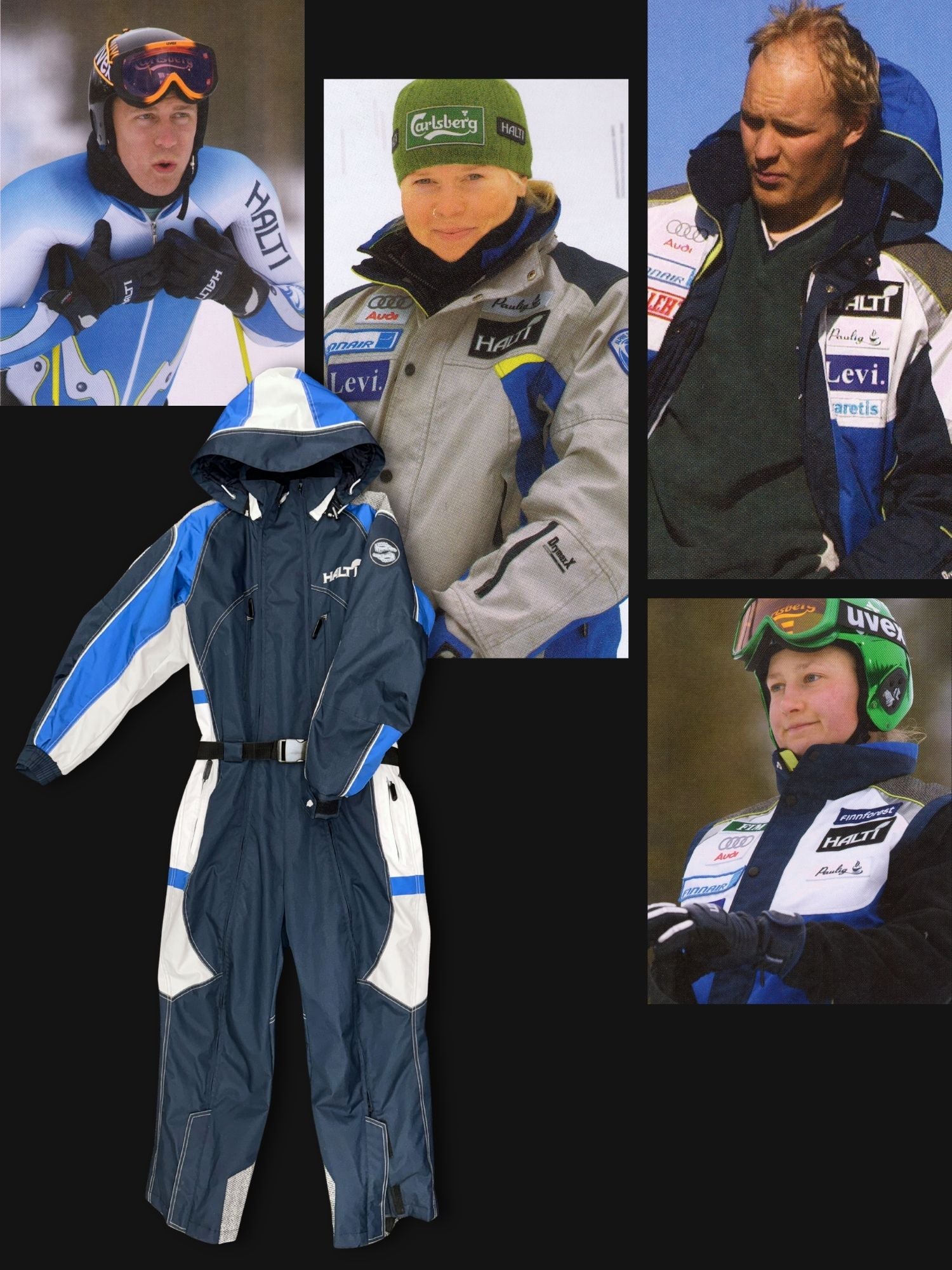Collage of people wearing ski suits and gear with a focus on a blue and white ski suit.