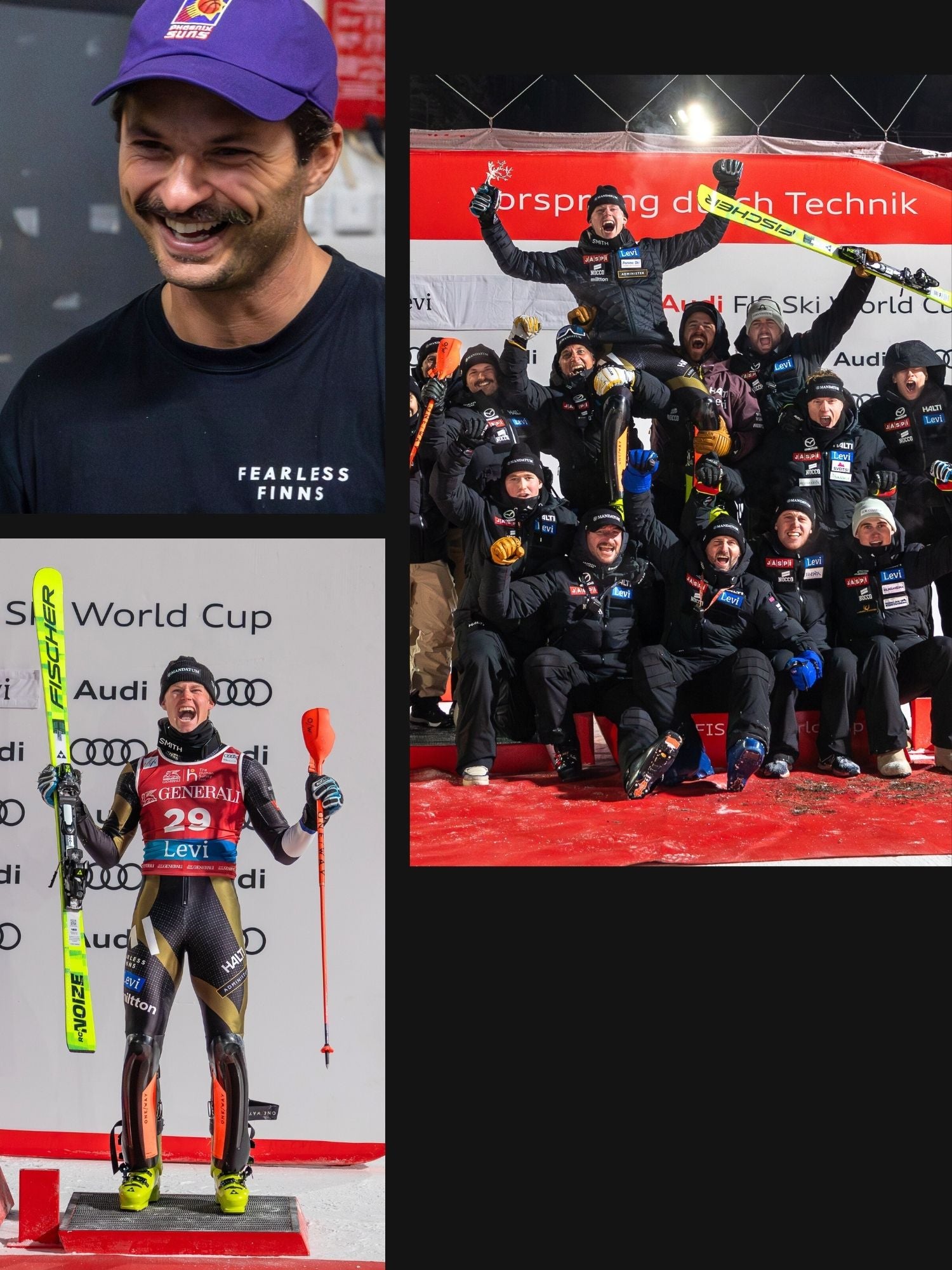 Collage of a skier with a purple cap, a group of skiers on a podium, and a skier with ski equipment.