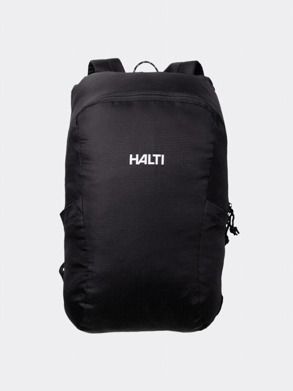 The black Halti Streetpack Backpack features zippered pockets and a white Halti logo on the front.