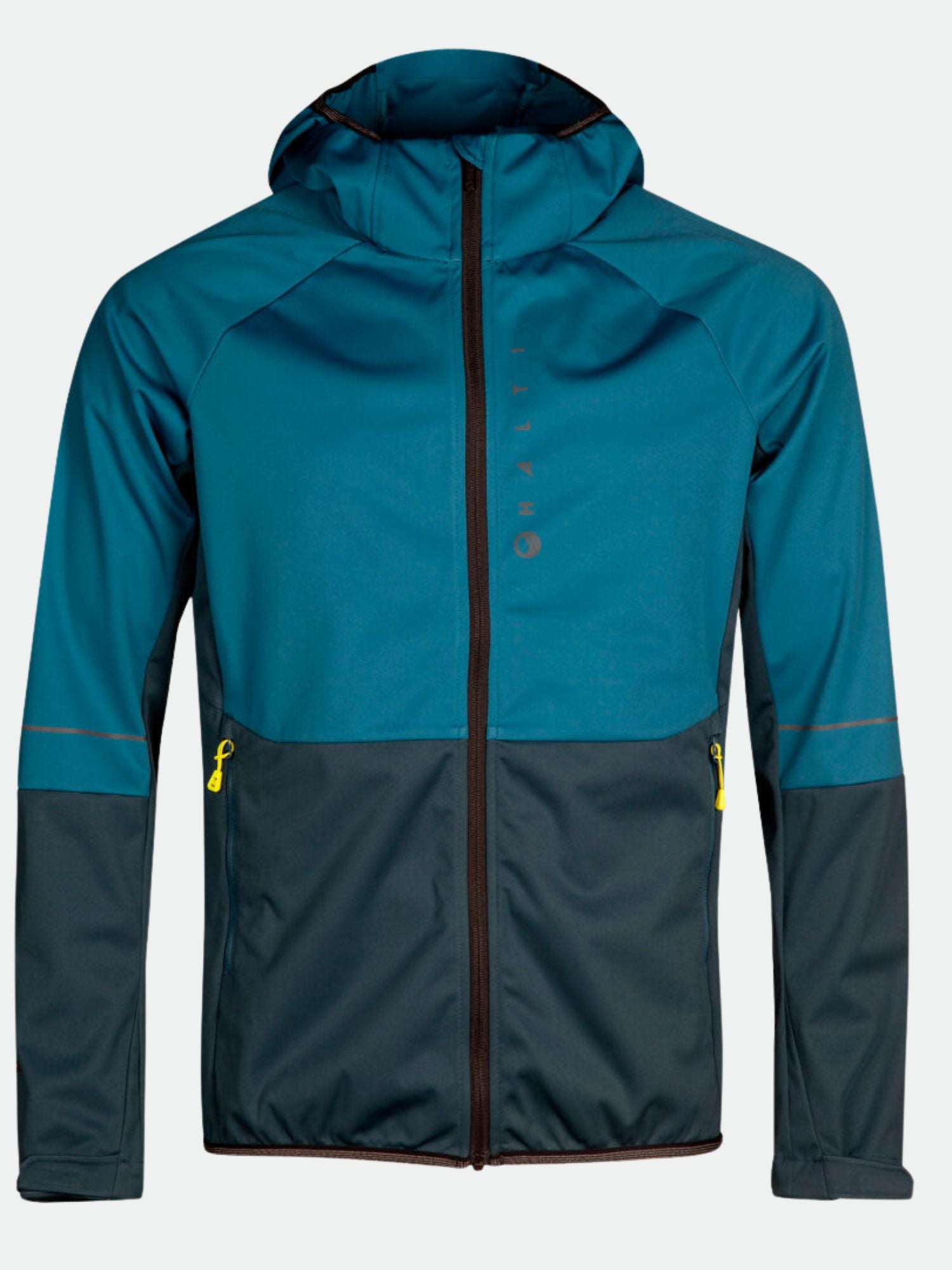 The Halti Exhale Stormwall Jacket Men's features teal and dark gray with yellow zippers, shown on a light background.