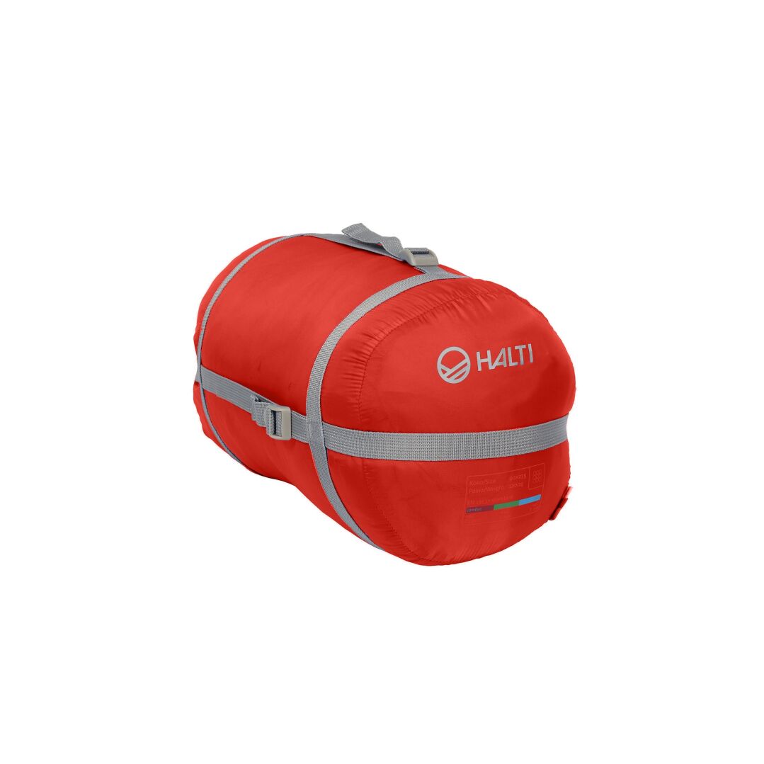 The Halti Oxygen 30 M Evo is a red, three-season sleeping bag with recycled insulation and compact gray strap packing.