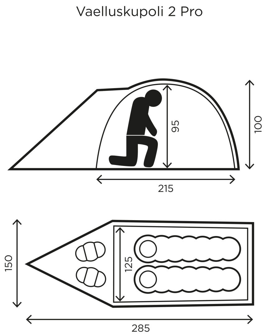 Halti Vaelluskupoli 2 Tent: 2-person dome, cm dimensions, interior height—compact for trekking or 3-season use.