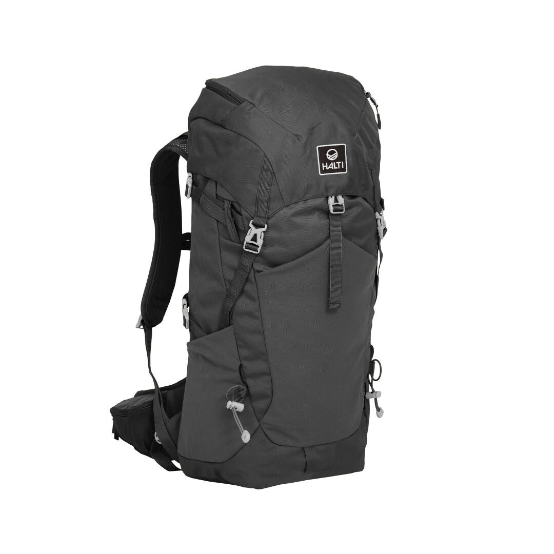 The Halti Pursuit 35 Lite Pack is a black hiking backpack with recycled fabric and multiple compartments.